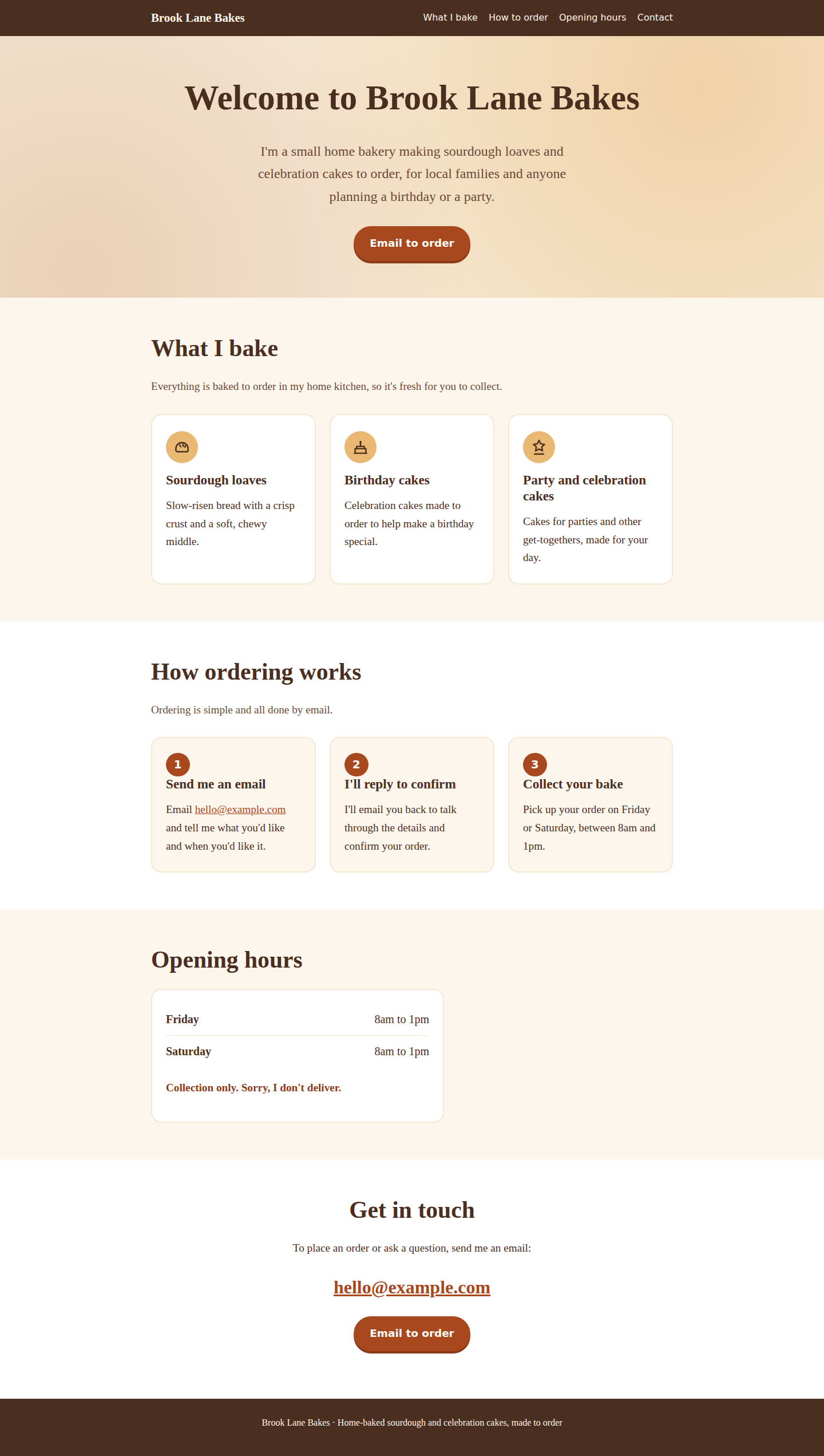 The finished Brook Lane Bakes one-page website at laptop width: welcome, What I bake (three cards), How ordering works (three numbered steps), Opening hours (Friday and Saturday, 8am to 1pm, collection only) and Get in touch.